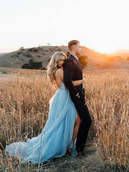 Sexy Split Sky Blue Beach Simple Wedding Dresses Chiffon Long Prom Dress DMI21