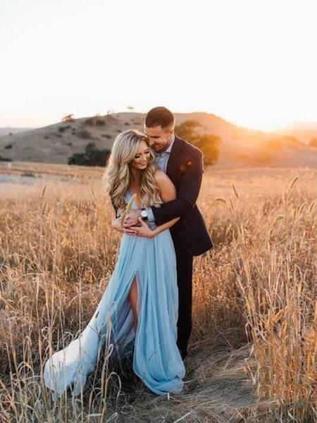 Sexy Split Sky Blue Beach Simple Wedding Dresses Chiffon Long Prom Dress DMI21