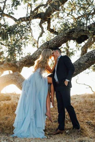Sexy Split Sky Blue Beach Simple Wedding Dresses Chiffon Long Prom Dress DMI21