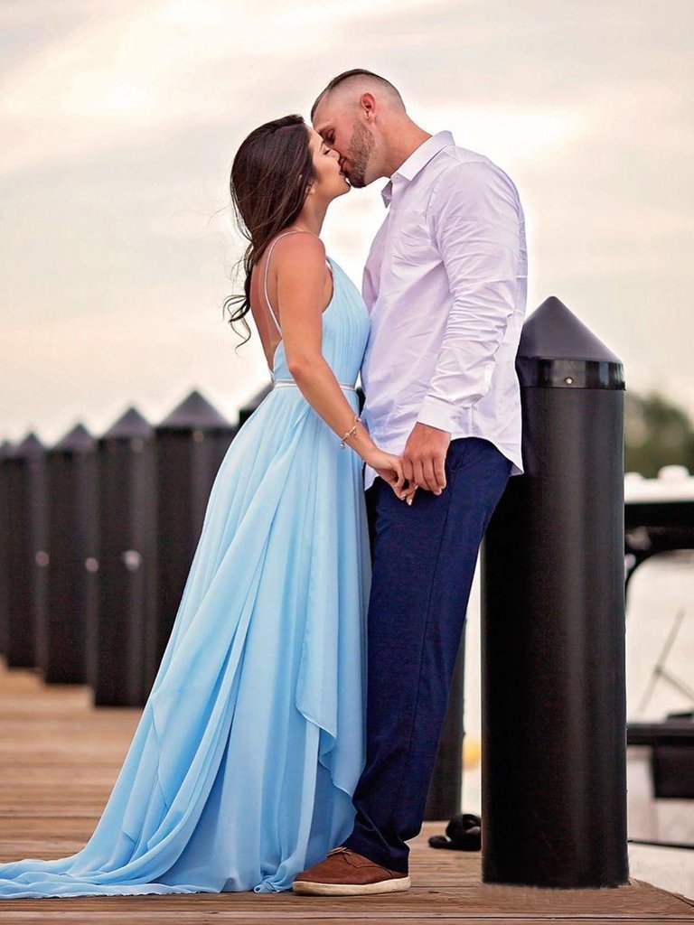 Sexy Split Sky Blue Beach Simple Wedding Dresses Chiffon Long Prom Dress DMI21