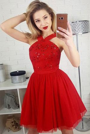 Cute A-Line Straps Red Homecoming Dresses,Sleeveless Short Prom Dress With Sequins DM472