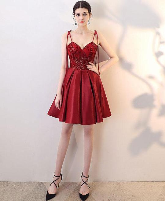 Burgundy V Neck A Line Satin Straps Short Homecoming Dresses DMC30