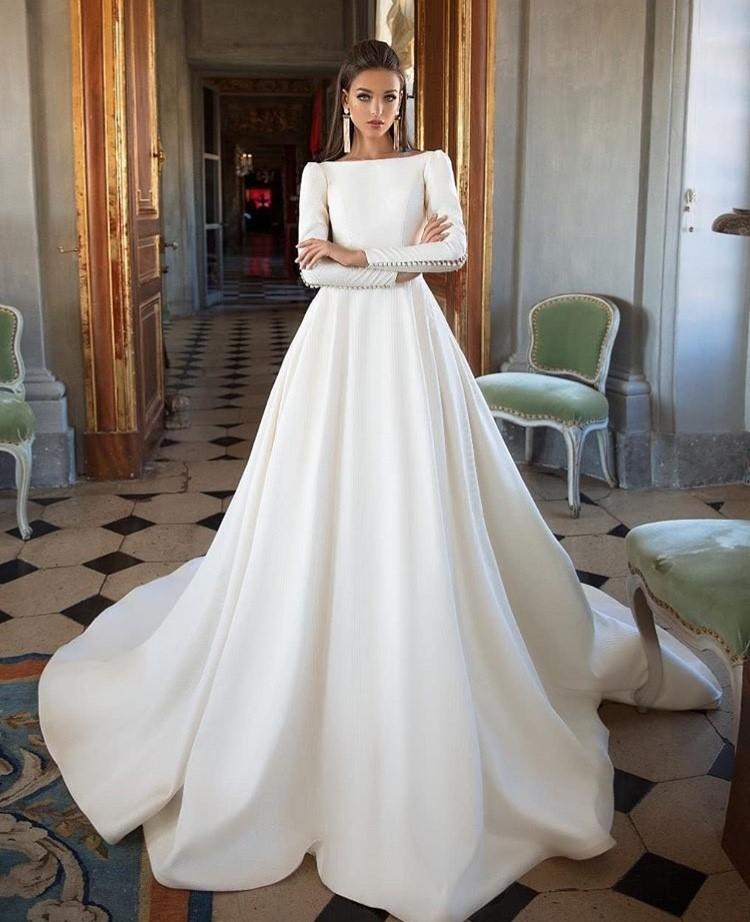 Simple Ivory Long Sleeves Satin A Line Wedding Dresses DMG43