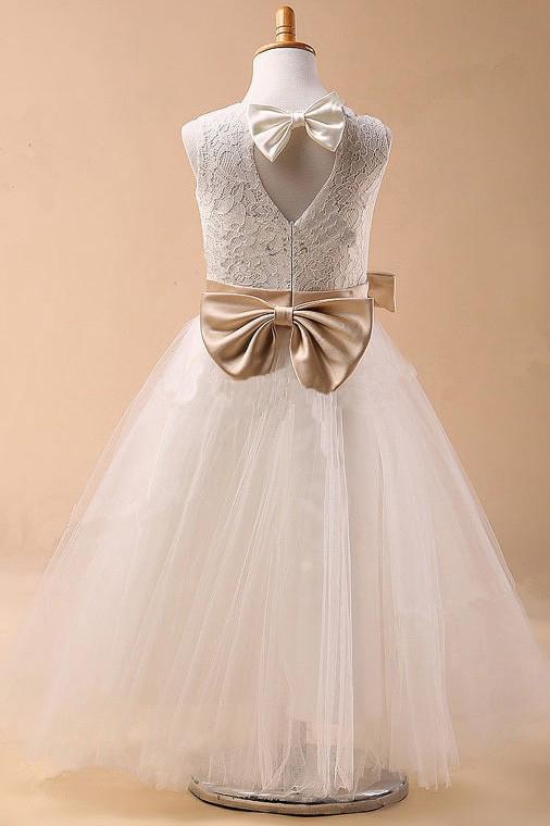 Ball Gown Jewel Sleeveless Bowknot Long Tulle Flower Girl Dresses With Sash DM702