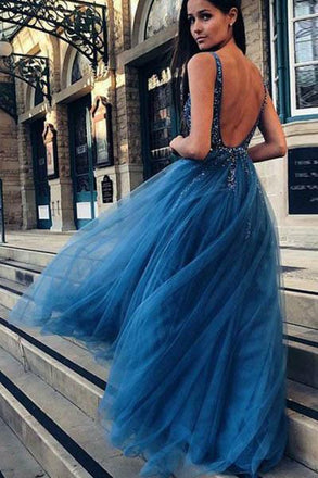 Cheap A Line Tulle Blue V Neck Beaded Long Prom Dresses DMH24