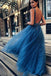 Cheap A Line Tulle Blue V Neck Beaded Long Prom Dresses DMH24