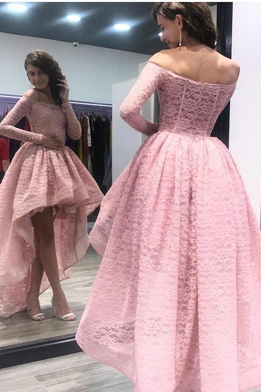 Fashion A-Line Off the Shoulder High Low Long Sleeves Pink Lace Prom Dress DMF54