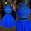 Halter Two Pieces Beaded Royal Blue A-line Tulle Mini Short Homecoming Dresses OKC14