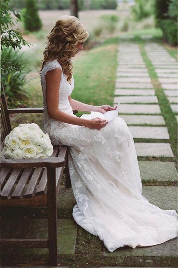 Modest Lace Wedding Dresses,Cap Sleeves Open Back Wedding Gowns Stunning Demodresses Modest Lace Wedding Dresses,Cap Sleeves Open Back Wedding Gowns Stunning Demodresses