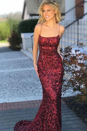 Sexy Prom Dresses,Mermaid Prom Gown,Spaghetti Straps Prom Dress,Burgundy Prom Dress,Sequined Prom Dress