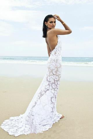 Sexy Mermaid Lace White Halter V-Neck Backless Beach Wedding Dress – Demodresses