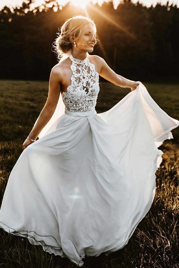 Simple A-Line Halter Sleeveless Chiffon Long Beach Summer Wedding Dress with Lace DMH89