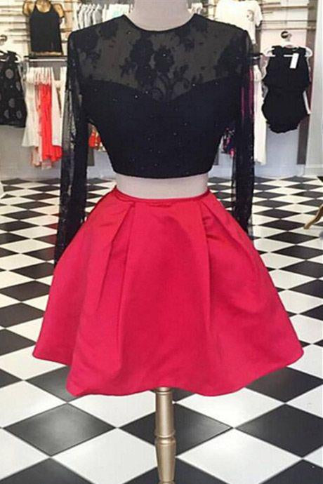 Long sleeve two pieces unique red homecoming dresses with black lace Demodresses Long sleeve two pieces unique red homecoming dresses with black lace Demodresses