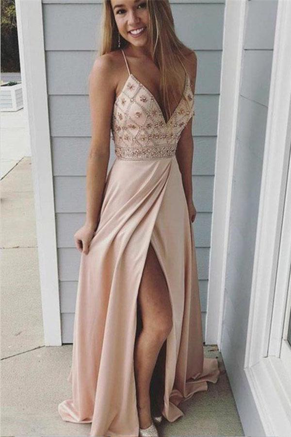 Sexy Spaghetti Straps Beaded Long A-Line Side Slit Prom Dresses DME40
