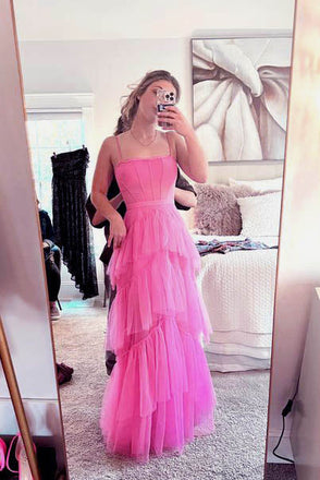 Hot Pink Spaghetti Straps Floor Length Prom Dresses With Ruffles, A Line Tulle Formal Gown DMP113
