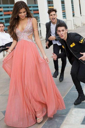 New A Line Backless Long V Neck Beads Chiffon Prom Dress DMF4