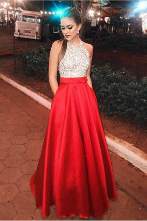 Pretty Open Back Long Beading Satin Red Halter Prom Dresses DMH20