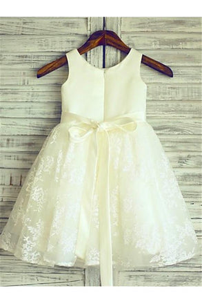 Ivory A-line Scoop Lace Sleeveless Floor-Length Beading Flower Girl Dresses DM717