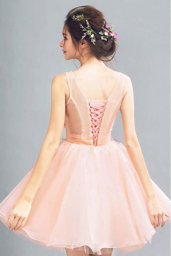 Peach Short A Line Lace Up Back Homecoming Dress With Flowers DMD89