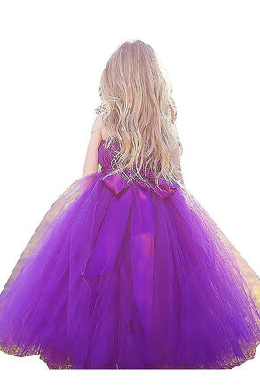Fuchsia Ball Gown Straps Sleeveless Bowknot Floor-Length Tulle Flower Girl Dress DM706