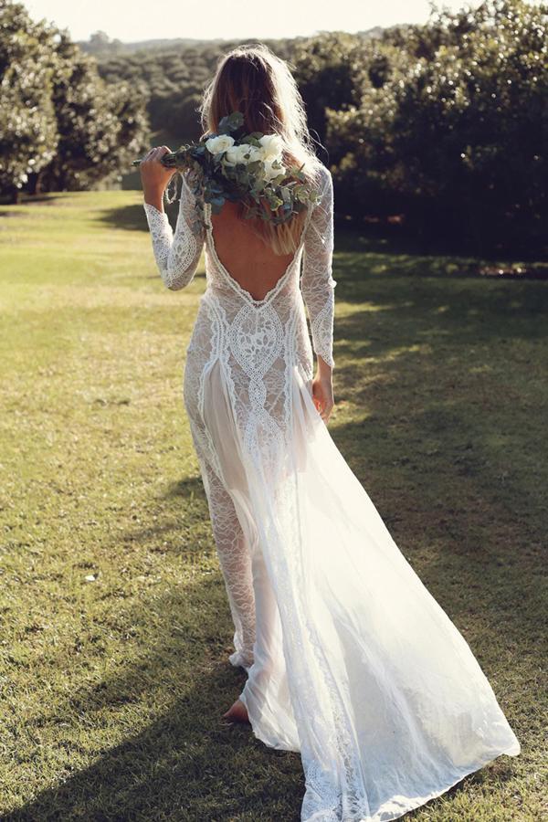 sheath backless long sleeves lace beach wedding dress Ivory Mermaid Wedding Dresses for Bride Long Sleeve Beach Bridal Dress with Train Lace Appliques Tulle Wedding Gowns Backless US0 04LW1 at Amazon Women's Clothing store