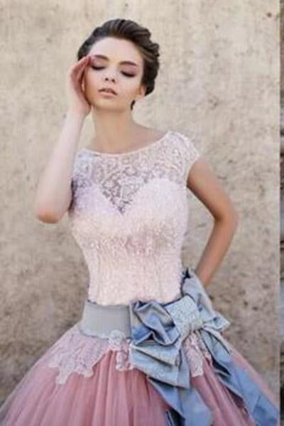 Princess Cap Sleeves Ball Gown Bateau Lace Bow-knot Pink Tulle Wedding Dresses DM563