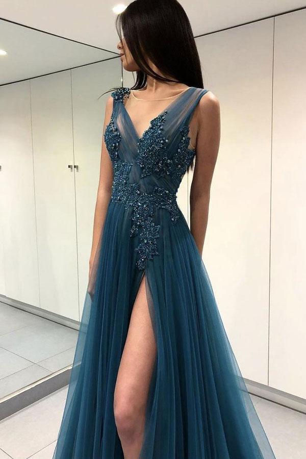 Blue See Through Split Backless Lace Appliques Tulle Long Prom Dress with Beading DMB27