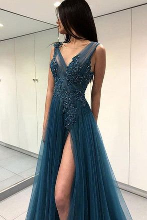 Blue See Through Split Backless Lace Appliques Tulle Long Prom Dress with Beading DMB27