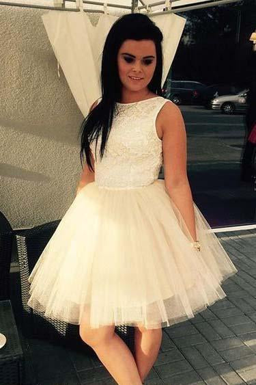 Cute A-Line Sleeveless Tulle Short Homecoming Dress with Lace Top DMD88