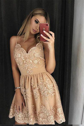 Stylish A-Line Spaghetti Straps Short Homecoming Dress with Lace Appliques DMD14