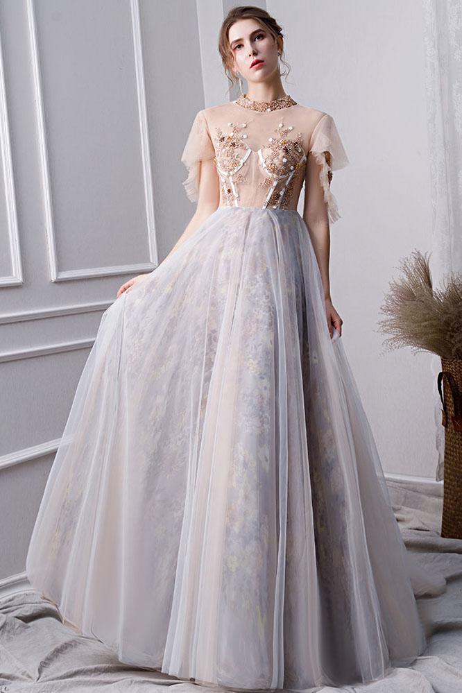 high neck short sleeve prom dress Feather High Neck Short Sleeve Blue Tulle Mermaid Prom Dress