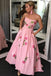 A-Line Sweetheart Strapless Pink Long Prom Dress With Embroidery Pockets DMK63