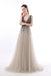 Sexy A Line Sequin Tulle Long V Neck Backless Prom Dresses OKC1
