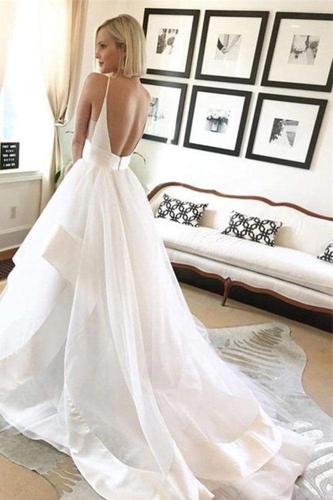 Beautiful Ball Gown V Neck Spaghetti Straps Backless Long Wedding Dresses with Train DME23