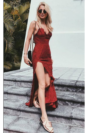 Charming Prom Dresses,Red Prom Gown,Lace Prom Dress,Spaghetti Straps Prom Dress,Sexy Prom Dress With Slit
