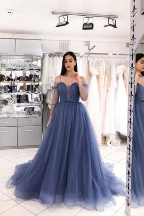 Blue Tulle Long A Line Prom Gowns Sweetheart Formal Evening Dress DMP150