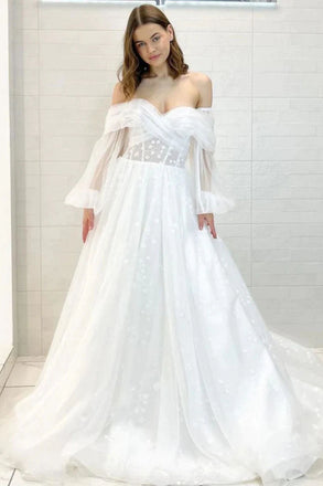 Off the Shoulder Long Sleeves White A Line Tulle Floral Wedding Dresses DM1922