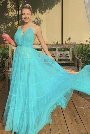 Simple V Neck Tulle Long Prom Dresses A Line Formal Evening Dress DMP062