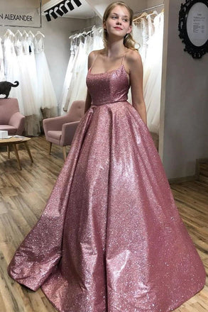 A-line Scoop Spaghetti Straps Sparkle Long Prom Dress with Pockets DMP006