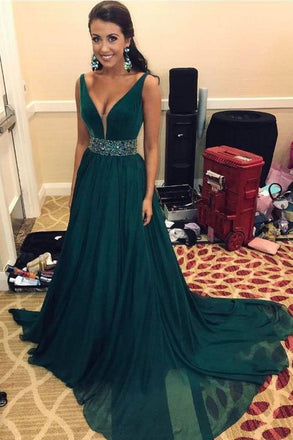 Simple V-Neck Sweep Train Dark Green Chiffon Prom Dress with Beading DMF67