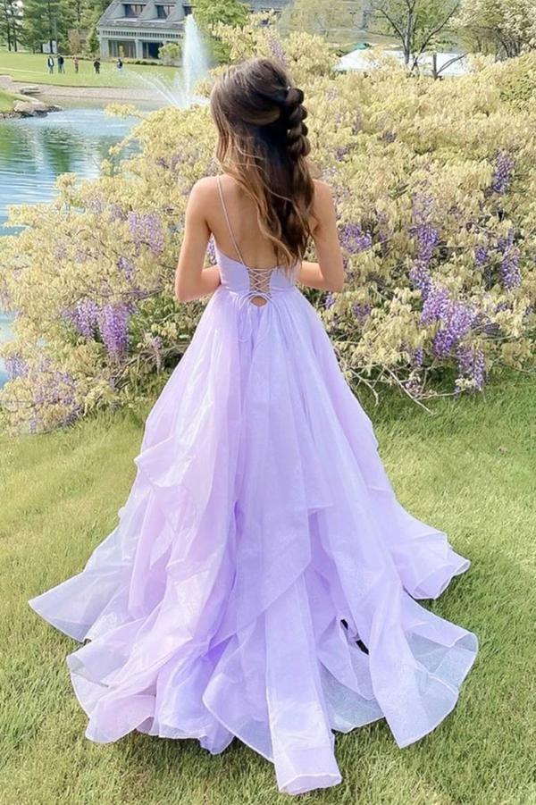 Princess Lavender Tiered Spaghetti Straps A Line Long Prom Dress DMP024