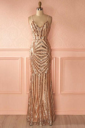 Mermaid Spaghetti Straps Rose Gold Long Sexy Prom Dress with Sequins DMD75
