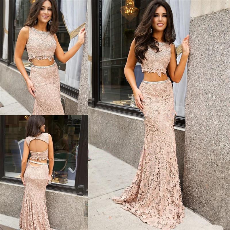 Two Piece Mermaid Lace Sweep Train Sleeveless Prom Dress,Long Party Dress DMB28