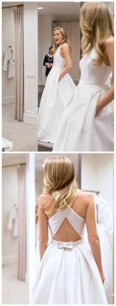 Simple Satin Jewel A-line Long Bow-not Wedding Dresses With Pocket DMD17