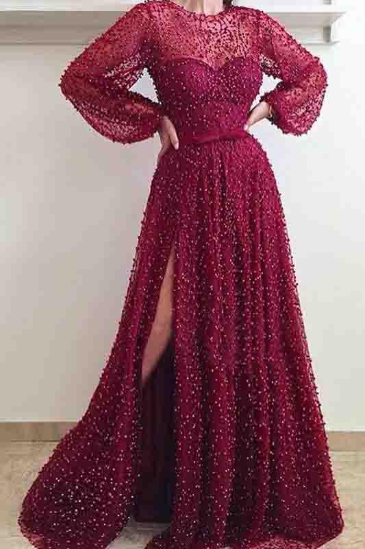 Cheap A Line Burgundy Long Sleeve Vintage Split Prom Dress DME95