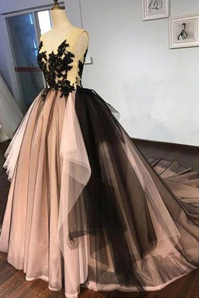 Black Lace V Neck A-line Formal Prom Dress, Long Ball Gown Evening Dresses DMG34