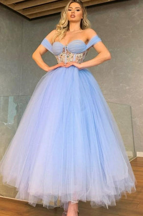 Unique Off-the-Shoulder Sweetheart Cristal A Line Tea Length Tulle Prom Dress DM1955