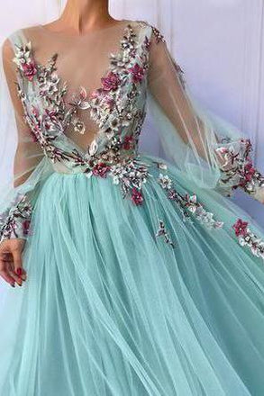 Princess Scoop Floral Appliques Long Puffy Sleeves Prom Dress DMI31