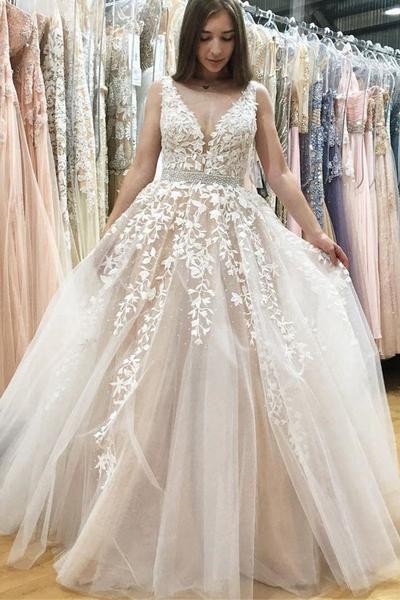 Elegant A-Line V-Neck Long Tulle Backless Wedding Dress with Beading Appliques DM561