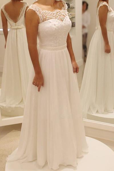 Simple Ivory A Line Backless Chiffon Long Wedding Dress With Lace Top DM527